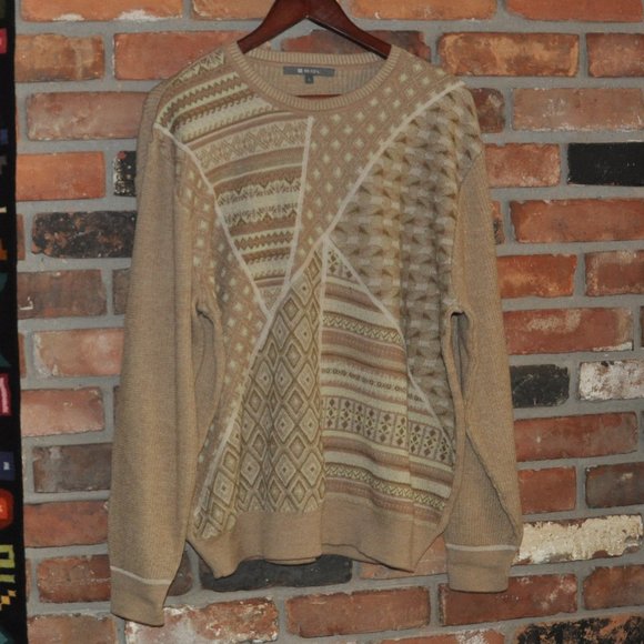 SOL Beige Brown Pattern 100% Baby Alpaca Wool Grandpa Knit Sweater. Peru L - Picture 1 of 3